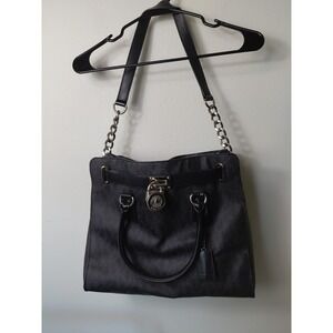 MICHAEL KORS Hamilton Saffiano Satchel Medium Black Leather Silver Accents